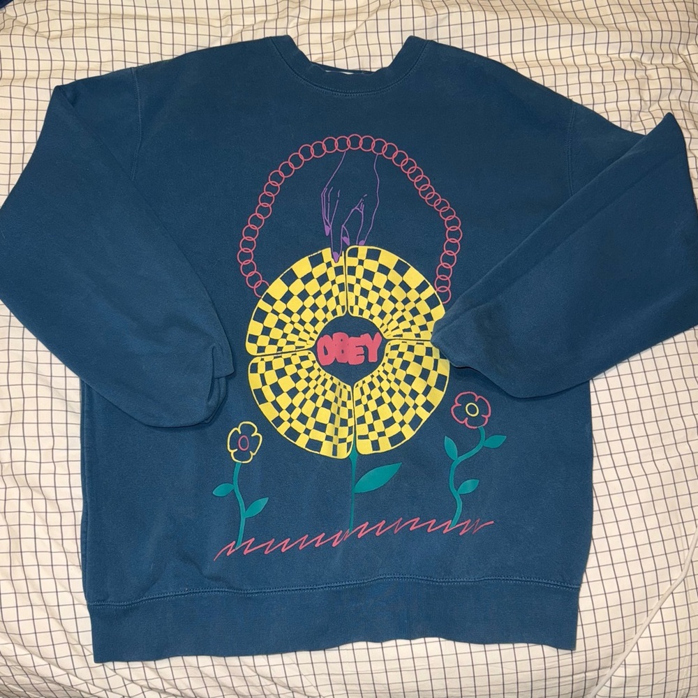 Obey Navy Sweatshirt with Checkered Graphic